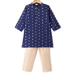 Babyhug Lurex Woven Full Sleeves Dobby Kurta Payjama Set with Floral Foil Print -  Navy Blue