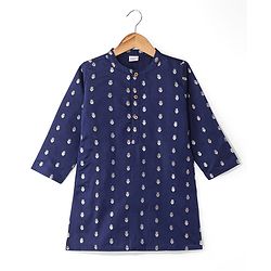 Babyhug Lurex Woven Full Sleeves Dobby Kurta Payjama Set with Floral Foil Print -  Navy Blue
