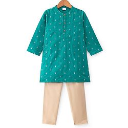 Babyhug Lurex Woven Full Sleeves Dobby Kurta Payjama Set with Floral Foil Print -  Green