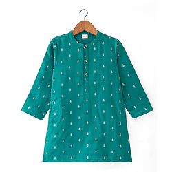 Babyhug Lurex Woven Full Sleeves Dobby Kurta Payjama Set with Floral Foil Print -  Green