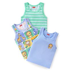 Babyhug 100 % Cotton Knit Sleeveless Sandos with Striped & Animal Print  Pack of 3- Blue & Green