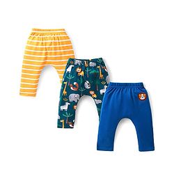 Babyhug Cotton Interlock Full Length Diaper Leggings with Striped & Animal Print Pack of 3 - Multicolor