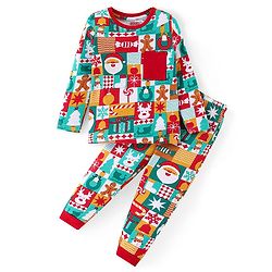 Babyhug Cotton Knit Full Sleeves Night Suit With Christmas Theme Print - Multicolour