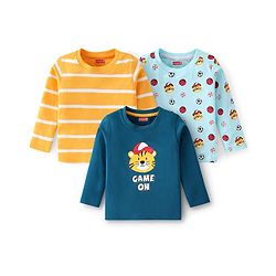 Babyhug Cotton Knit Full Sleeves Striped & Tiger Printed T-Shirts Pack of 3  - Yellow Teal & Sky Blue