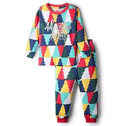 Babyhug Cotton Knit Full Sleeves Night Suit With Pine Trees & Text Print - Multicolor