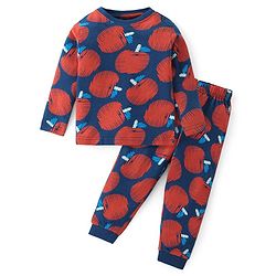Babyhug Cotton Knit Full Sleeves Night Suit With Apples Print - Red & Navy