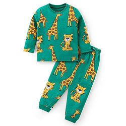 Babyhug Cotton Knit Full Sleeves Night Suit with Tiger & Giraffe Print - Green