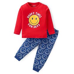 Babyhug Cotton Knit Full Sleeves Night Suit with Smiley & Text Print - Red & Navy Blue