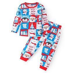 Babyhug Cotton Knit Full Sleeves Night Suit With Christmas Theme Print - Multicolour