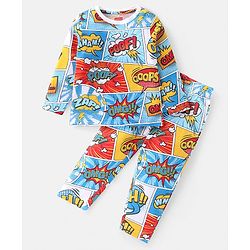 Babyhug Cotton Knit Full Sleeves Night Suit With Text Print - Multicolor