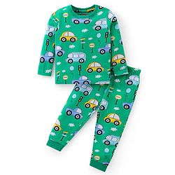 Babyhug Cotton Knit Full Sleeves Night Suit With Cars Print - Green