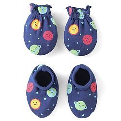 Babyhug 100% Cotton Knit Mitten & Booties With Star Print - Navy Blue
