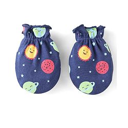 Babyhug 100% Cotton Knit Mitten & Booties With Star Print - Navy Blue