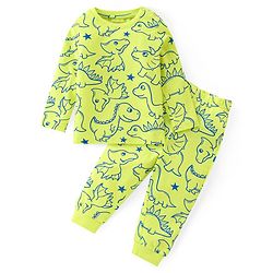 Babyhug Cotton Knit Full Sleeves Night Suit With Dino Print - Limegreen