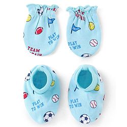 Babyhug 100% Cotton Interlock Knit  Mittens & Booties with Ball Print - Sky Blue