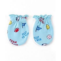 Babyhug 100% Cotton Interlock Knit  Mittens & Booties with Ball Print - Sky Blue