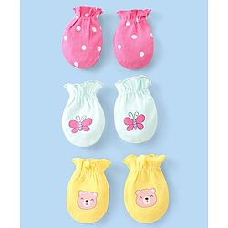 Babyhug 100% Cotton Knit Bear & Polka Dots Printed Mittens Pack of 3 - Green Yellow & Pink