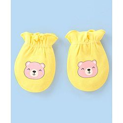 Babyhug 100% Cotton Knit Bear & Polka Dots Printed Mittens Pack of 3 - Green Yellow & Pink