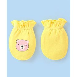 Babyhug 100% Cotton Knit Bear & Polka Dots Printed Mittens Pack of 3 - Green Yellow & Pink