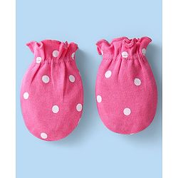 Babyhug 100% Cotton Knit Bear & Polka Dots Printed Mittens Pack of 3 - Green Yellow & Pink