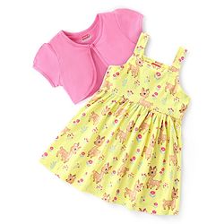 Babyhug Single Jersey Knit Floral Print Frock with Half Sleeves Shrug - Yellow & Pink