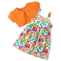Babhyhug Single Jersey Knit Floral Printed Frock with Half Sleeves Solid Shrug - Orange