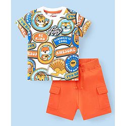 Babyhug Cotton Knit Half Sleeves T-Shirt & Shorts Set With Text & Animal Print - Multicolor