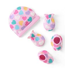 Babyhug 100% Cotton Knit Cap Mittens & Booties Set Heart Print - Pink