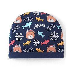 Babyhug 100% Cotton Knit Cap Mittens & Booties With Aquatic Animal Print - Navy Blue