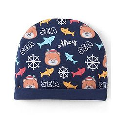 Babyhug 100% Cotton Knit Cap Mittens & Booties With Aquatic Animal Print - Navy Blue