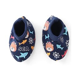 Babyhug 100% Cotton Knit Cap Mittens & Booties With Aquatic Animal Print - Navy Blue