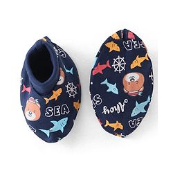Babyhug 100% Cotton Knit Cap Mittens & Booties With Aquatic Animal Print - Navy Blue