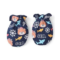 Babyhug 100% Cotton Knit Cap Mittens & Booties With Aquatic Animal Print - Navy Blue