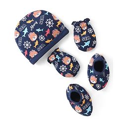 Babyhug 100% Cotton Knit Cap Mittens & Booties With Aquatic Animal Print - Navy Blue