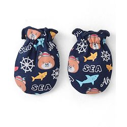 Babyhug 100% Cotton Knit Cap Mittens & Booties With Aquatic Animal Print - Navy Blue