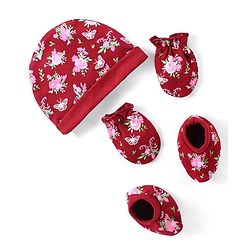Babyhug 100% Cotton Interlock Cap Mittens & Booties Set with Floral Print - Maroon