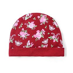Babyhug 100% Cotton Interlock Cap Mittens & Booties Set with Floral Print - Maroon