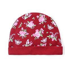 Babyhug 100% Cotton Interlock Cap Mittens & Booties Set with Floral Print - Maroon