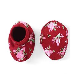 Babyhug 100% Cotton Interlock Cap Mittens & Booties Set with Floral Print - Maroon