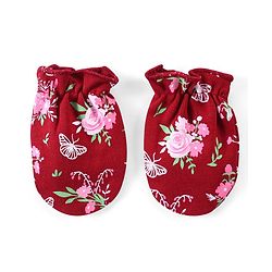 Babyhug 100% Cotton Interlock Cap Mittens & Booties Set with Floral Print - Maroon