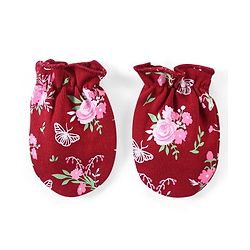Babyhug 100% Cotton Interlock Cap Mittens & Booties Set with Floral Print - Maroon