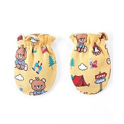 Babyhug 100% Cotton Interlock Cap Mittens & Booties Set with Teddy Bear Print - Yellow