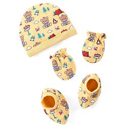 Babyhug 100% Cotton Interlock Cap Mittens & Booties Set with Teddy Bear Print - Yellow