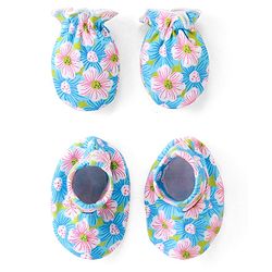 Babyhug 100% Cotton Knit Floral Print Mittens and Booties - Blue