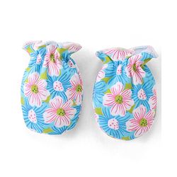 Babyhug 100% Cotton Knit Floral Print Mittens and Booties - Blue