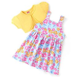 Babyhug Single Jersey Knit Floral Print Frock with Half Sleeves Shrug - Yellow & Blue