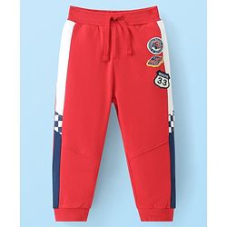 Babyhug French Terry Full Length Cut & Sew Lounge Pant Badges Print - Red