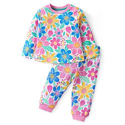 Babyhug Cotton Knit Full Sleeves Night Suit With Floral Print - Multicolor