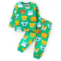 Babyhug Cotton Knit Full Sleeves Night Suit With Animals Print  - Green
