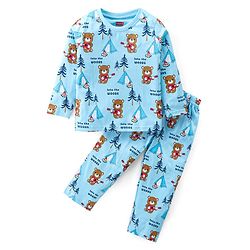 Babyhug Cotton Knit Full Sleeves Night Suit with Bear Print - Blue